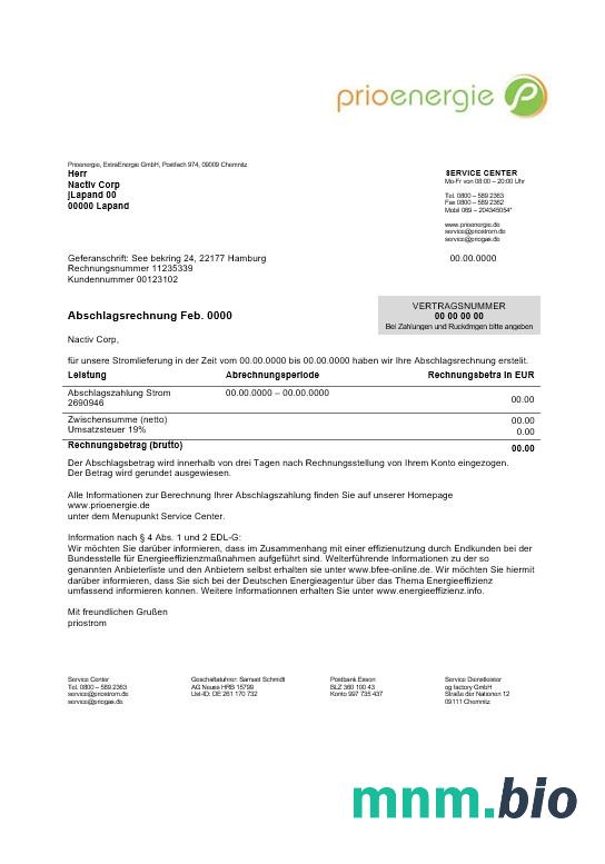 Niemcy Prioenergie dowód adresu szablon rachunku za media Biznesowe w formatach Word i PDF